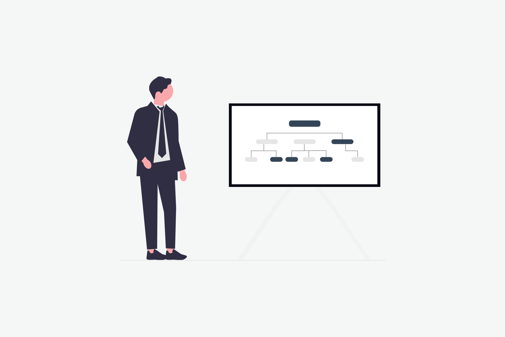 A man looking at a board with a team hierarchy