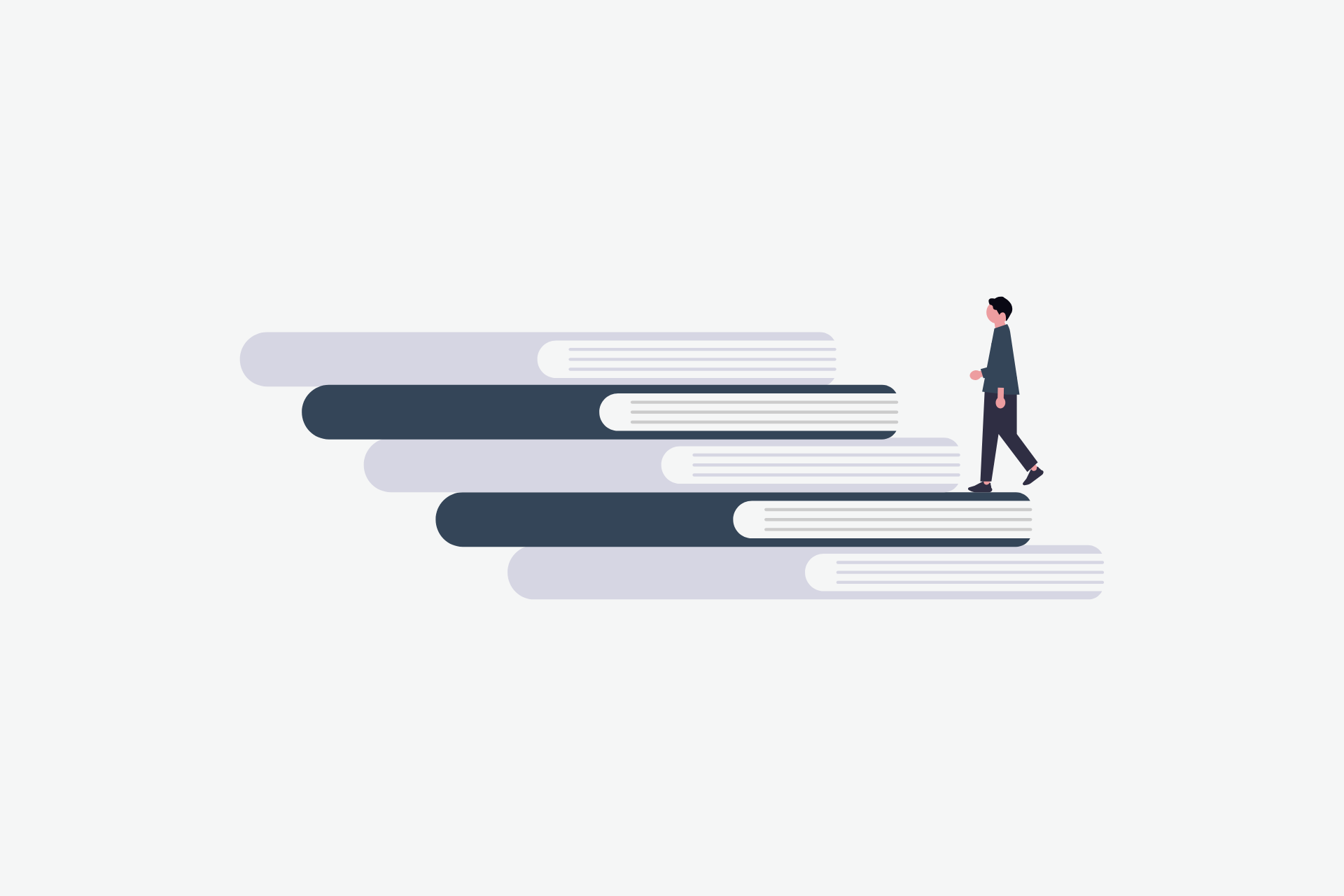 An illistration of a person walking up a staircase made of books