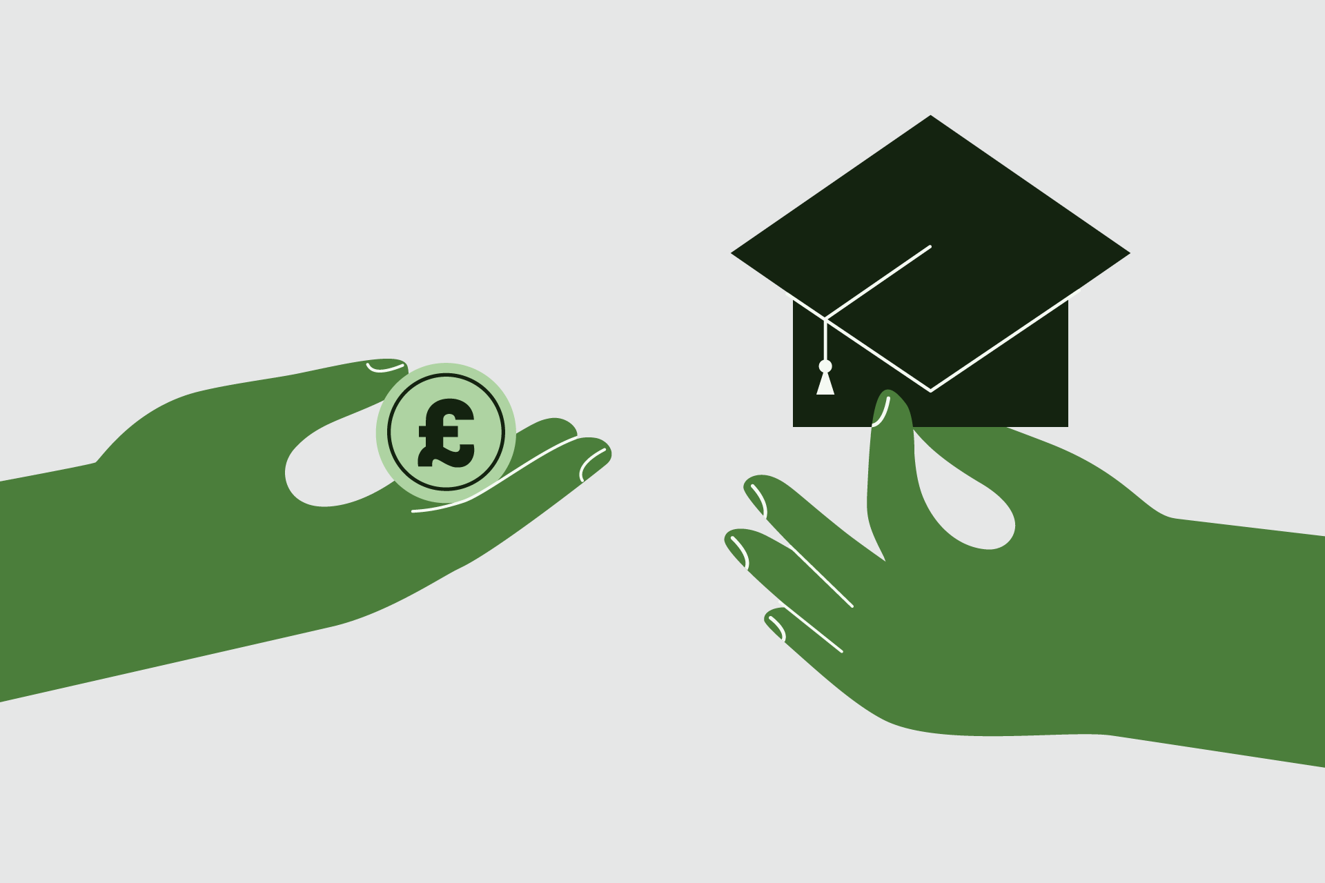 Two hands hold a coin and a graduation cap.