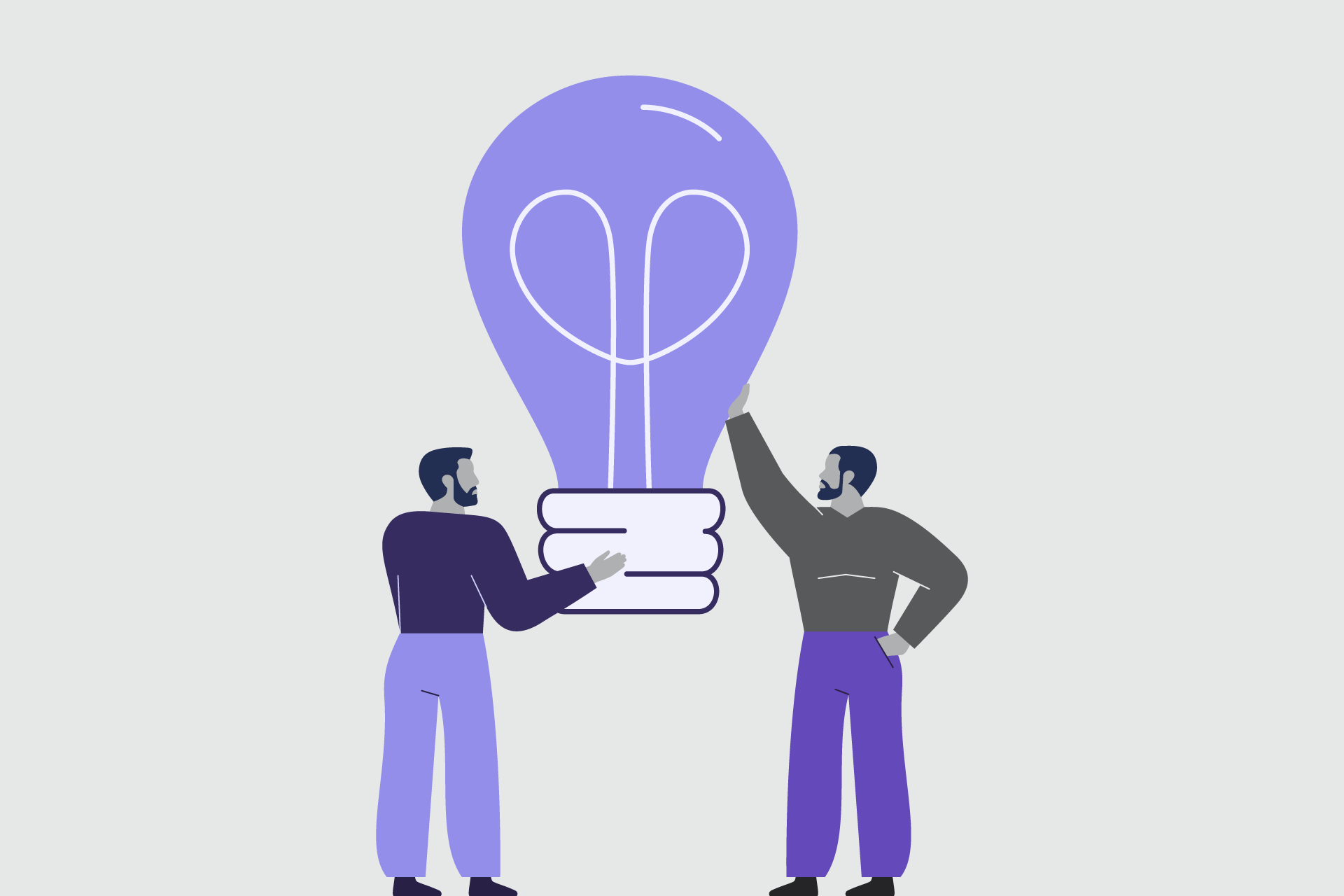 Higher education professionals standing with a giant light bulb, discussing talent solutions ideas. 