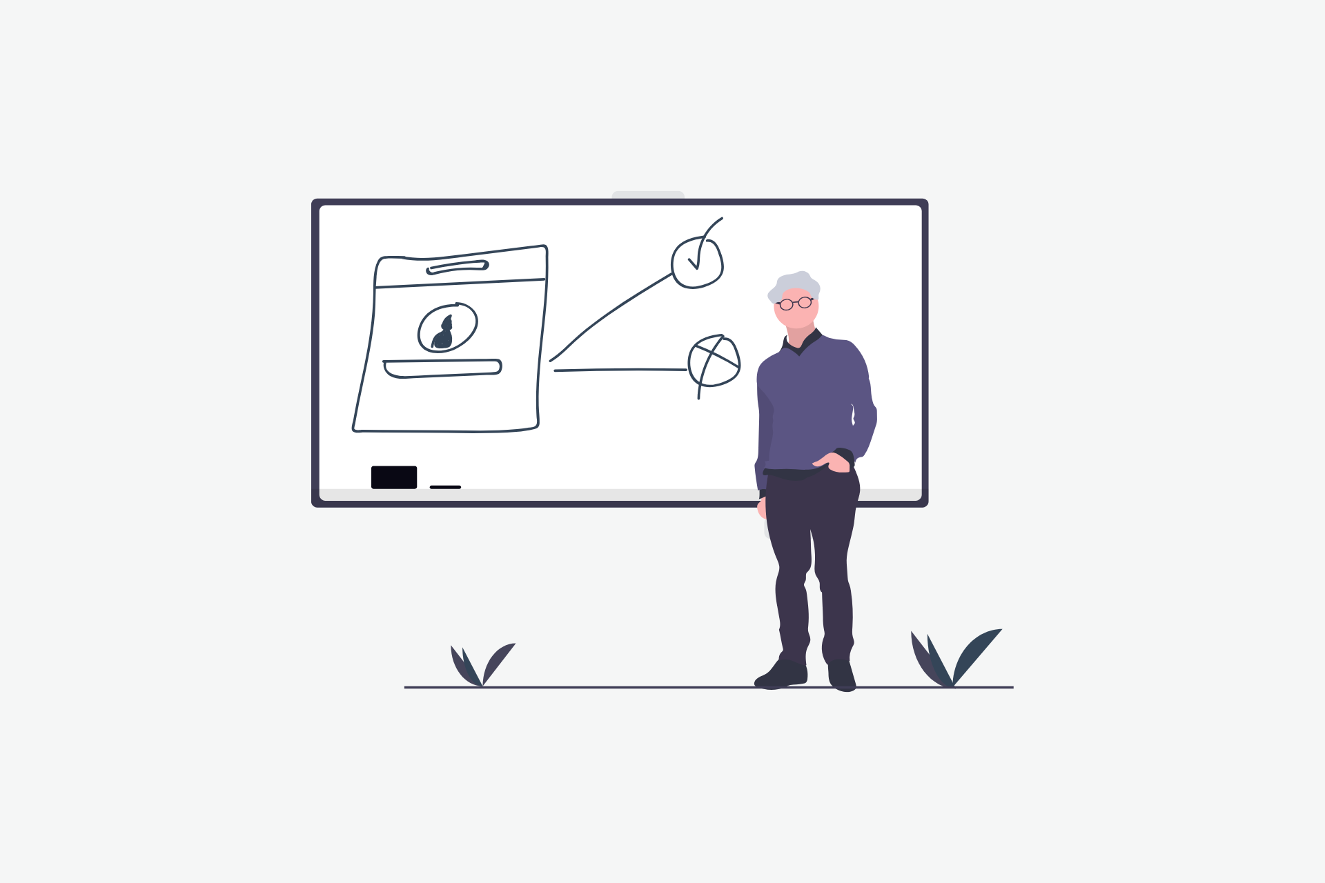 An illustration of male teacher with glasses stood in front of a board
