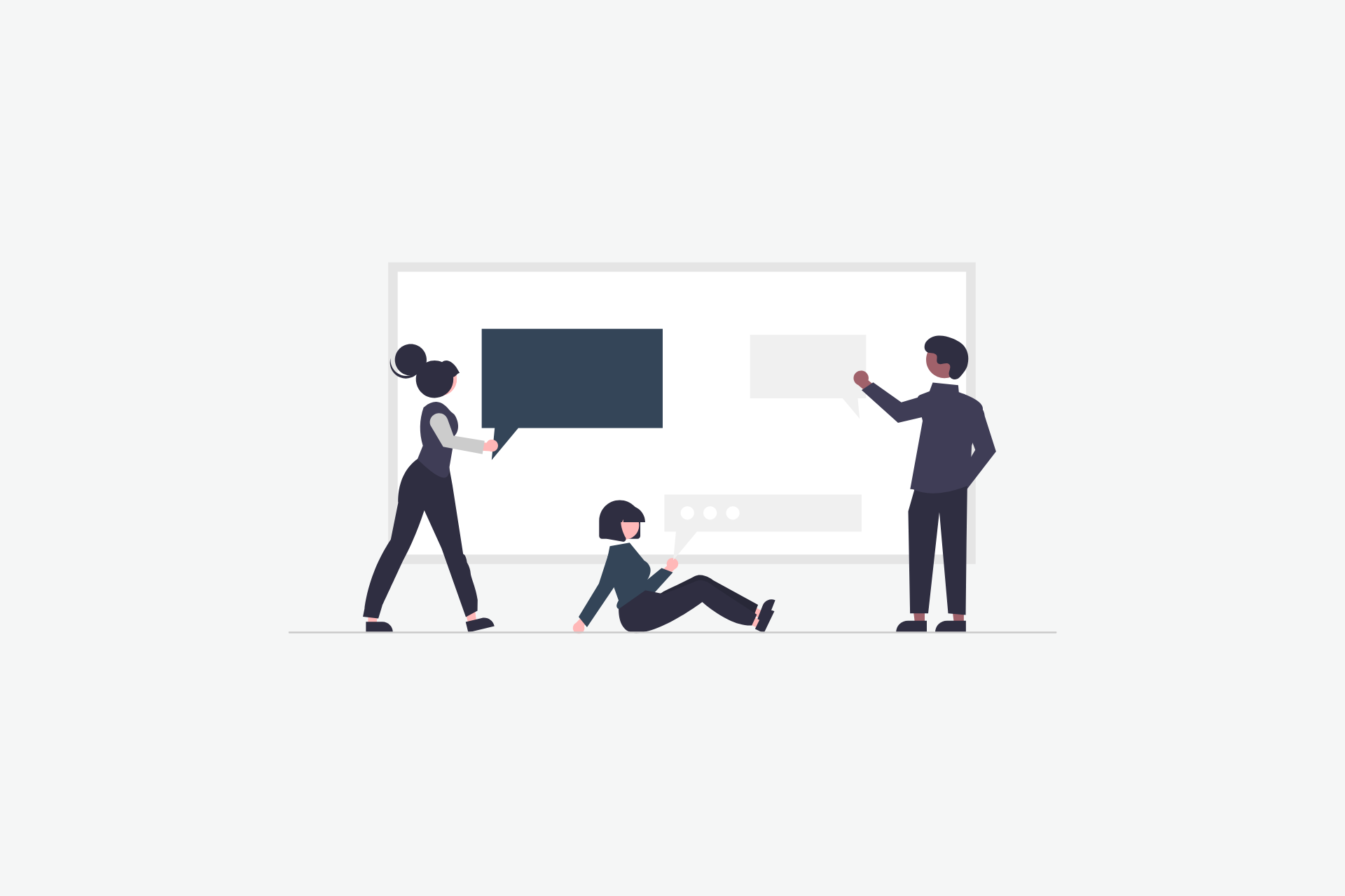 Image of three people with thought bubbles representing a discussion