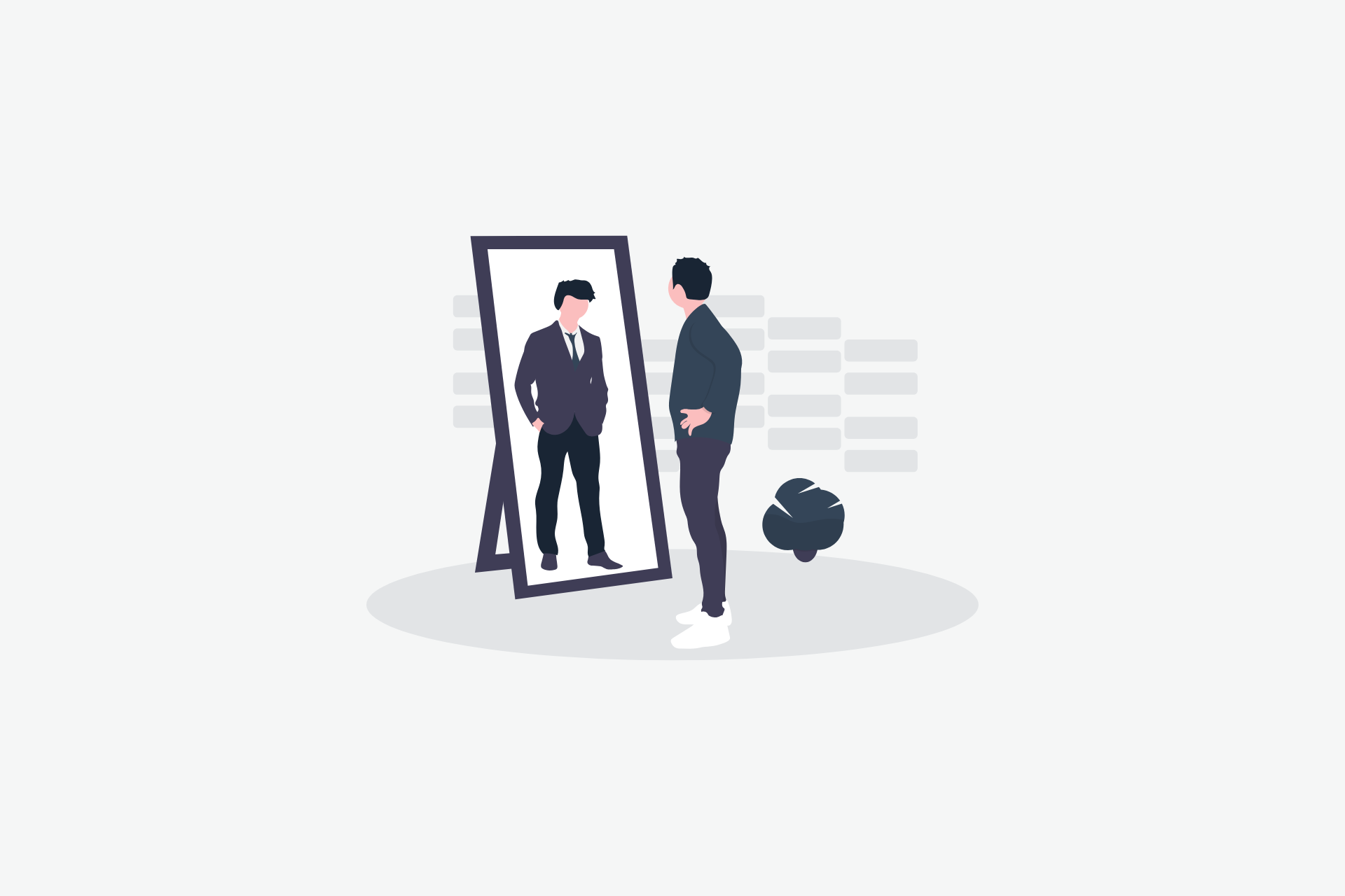 An illustration of a man and his reflection looking in a mirror