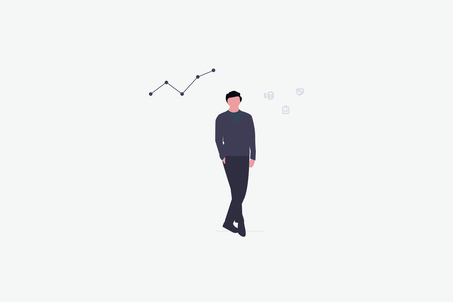 A man stood with one foot crossed over the other and a small graph to illustrate success