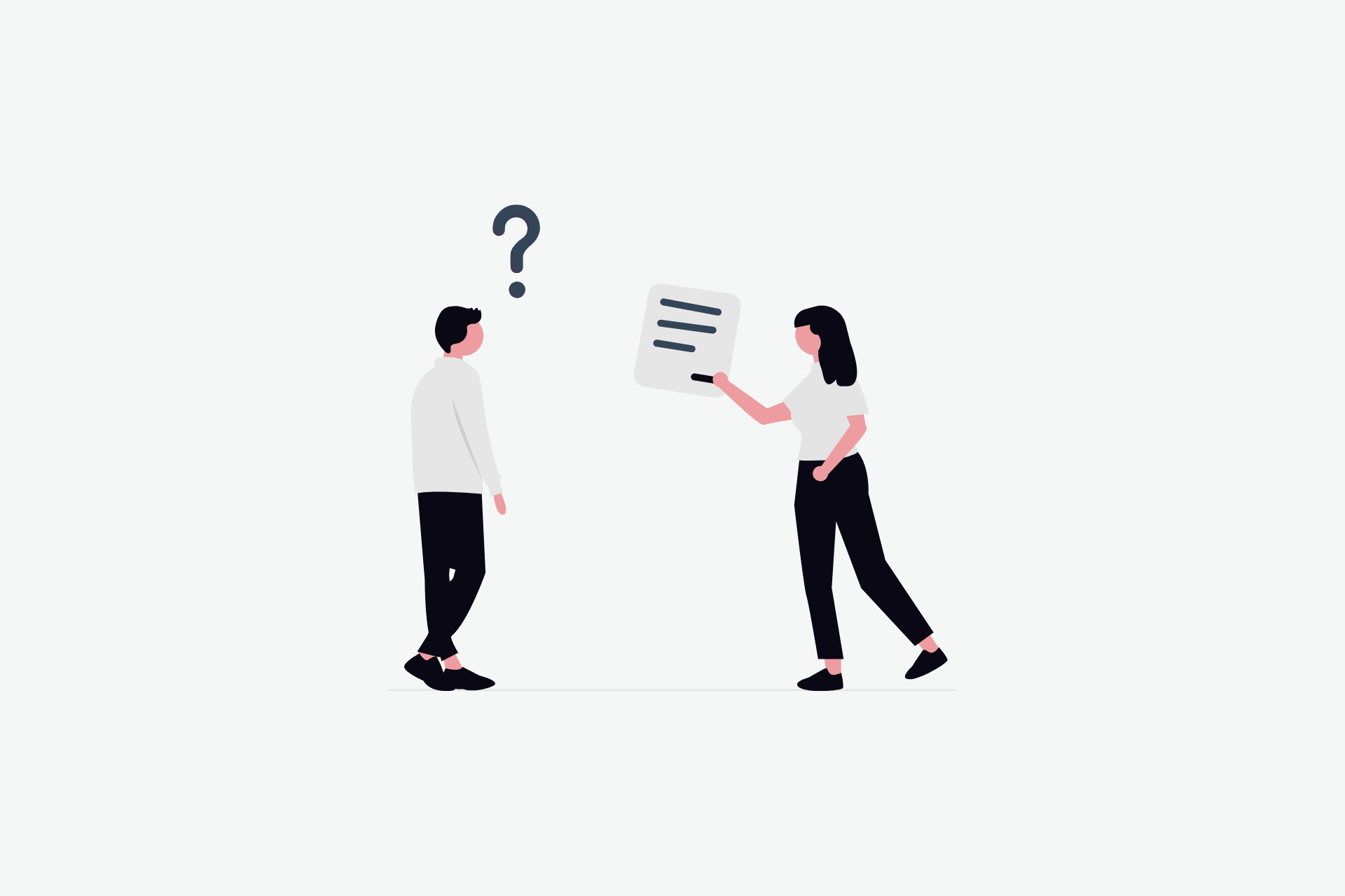 Two people talking one with a note and another with a question mark above the head to illustrate mentoring